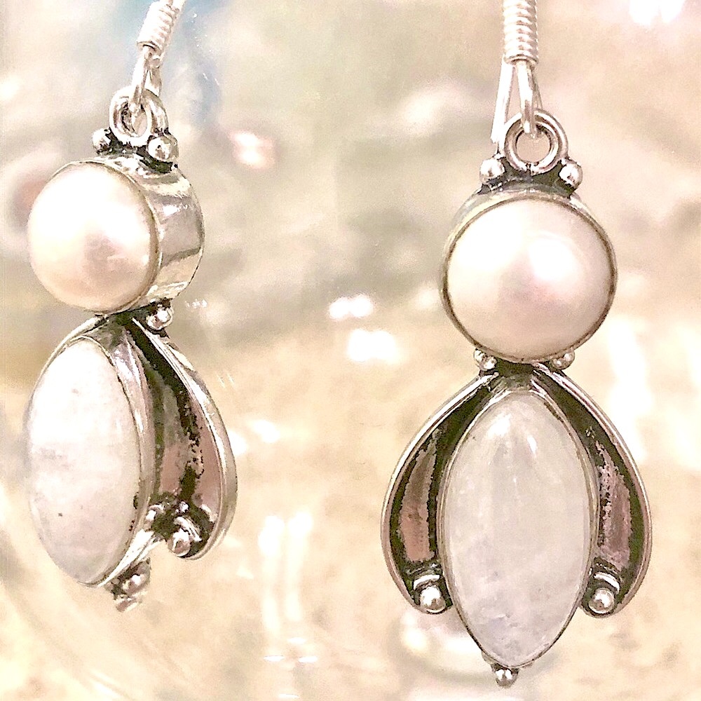 S.S. River Pearl and Moonstone Dangle Earrings